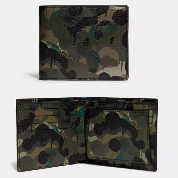 🦖coach 3 In 1 Wallet With Camo Print GREEN/BLUE - Picture 1 of 6